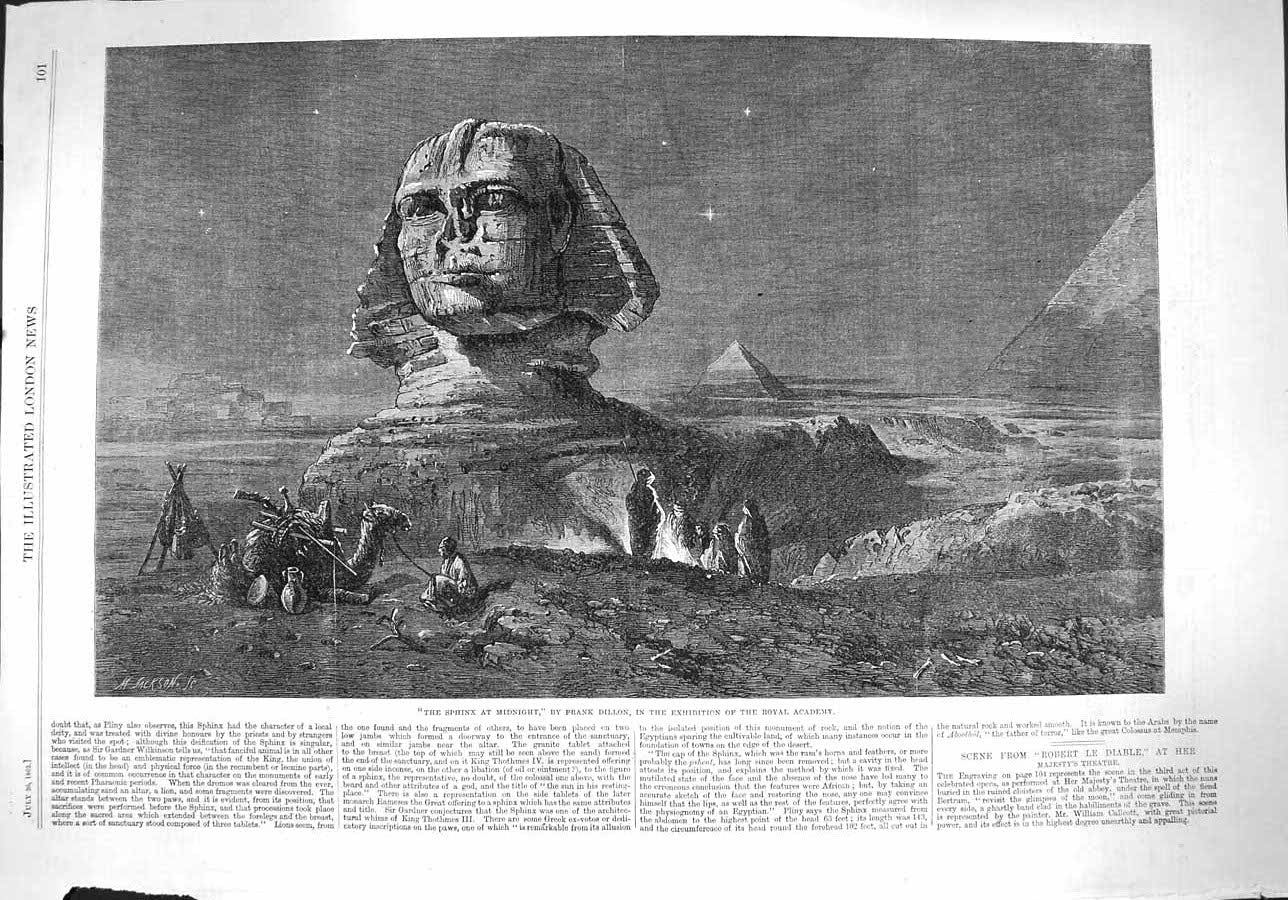 Original Old Antique Print 1862 Sphinx Midnight Egypt Pyramids Frank Dil 19th