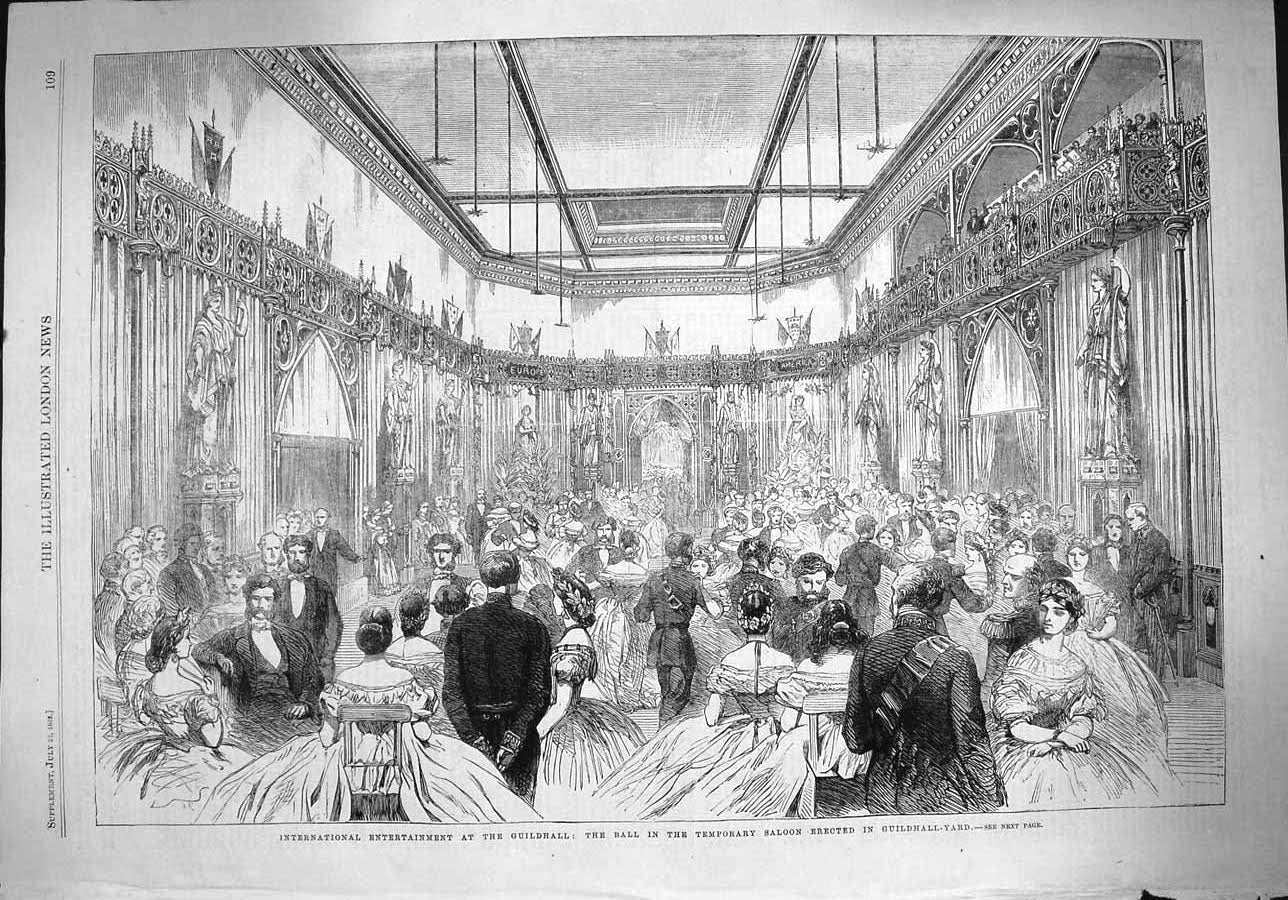 Original Old Antique Print 1862 Ball Saloon Guildhall Yard Entertainment 19th