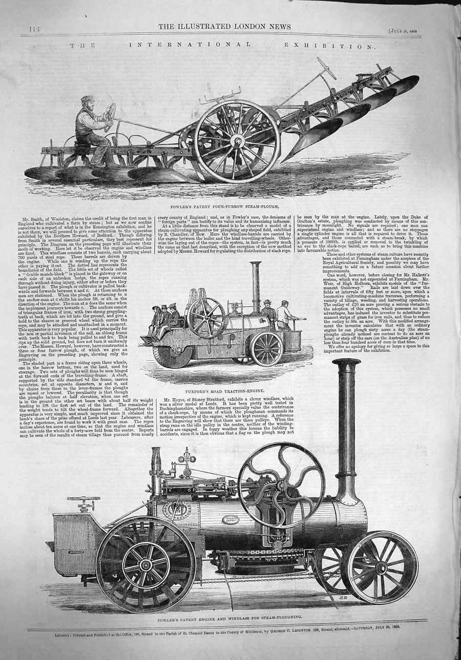 Original Old Antique Print 1862 Fowler Four-Burrow Plough Tuxford Agri Victorian