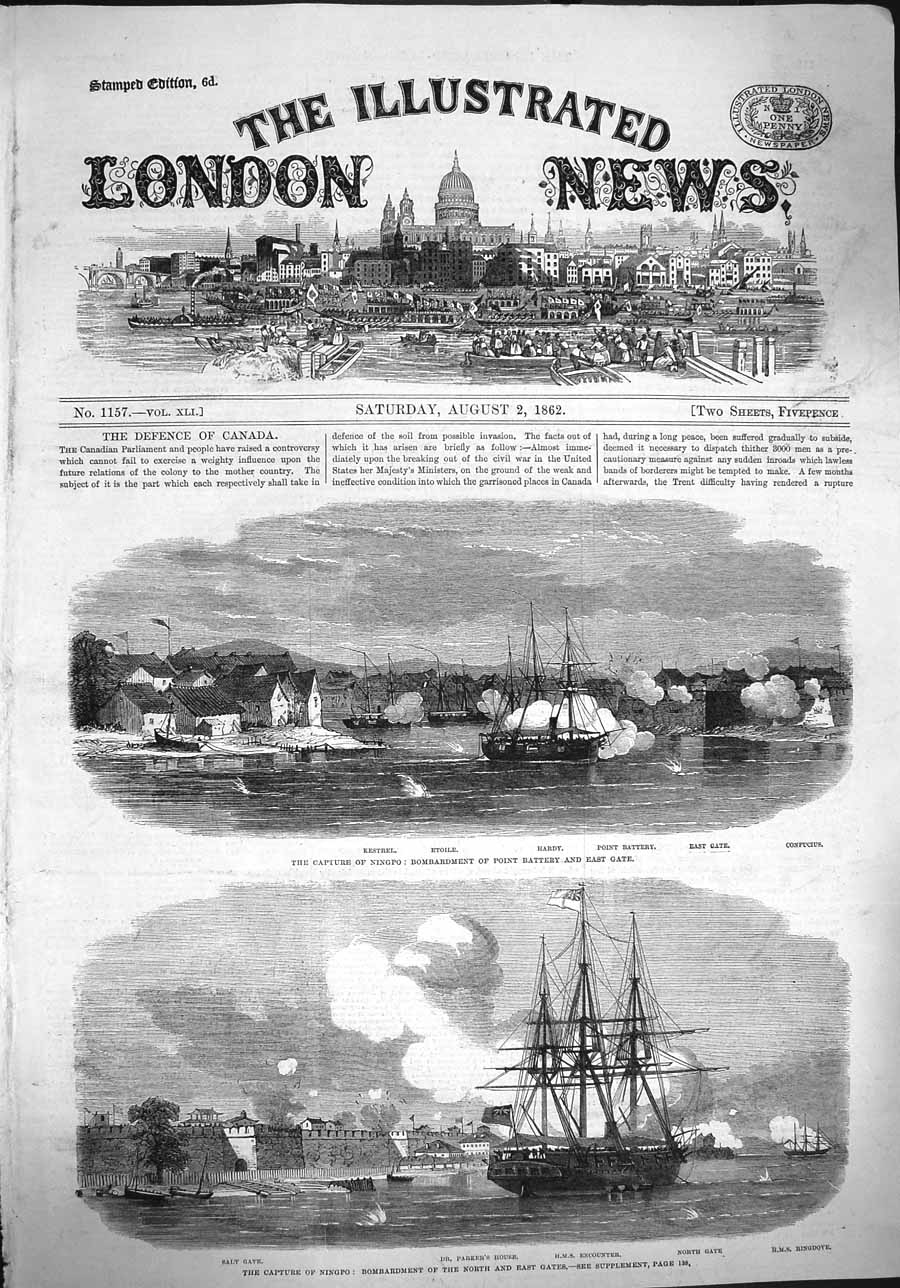 Original Old Antique Print 1862 Ningpo Ships Kestrel Hardy Parkers House En 19th