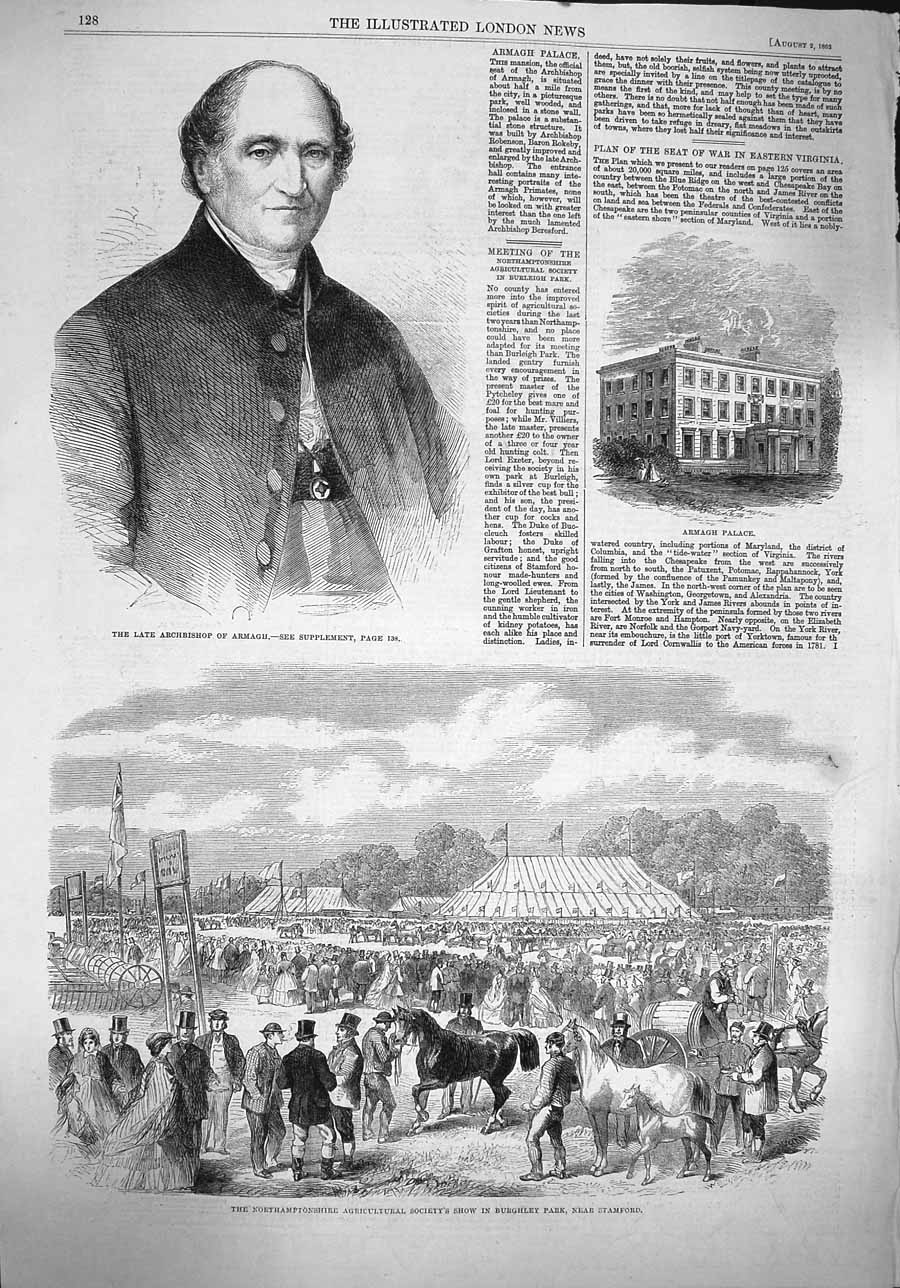 Original Old Antique Print 1862 Archbishop Armagh Palace Burghley Park Stamford