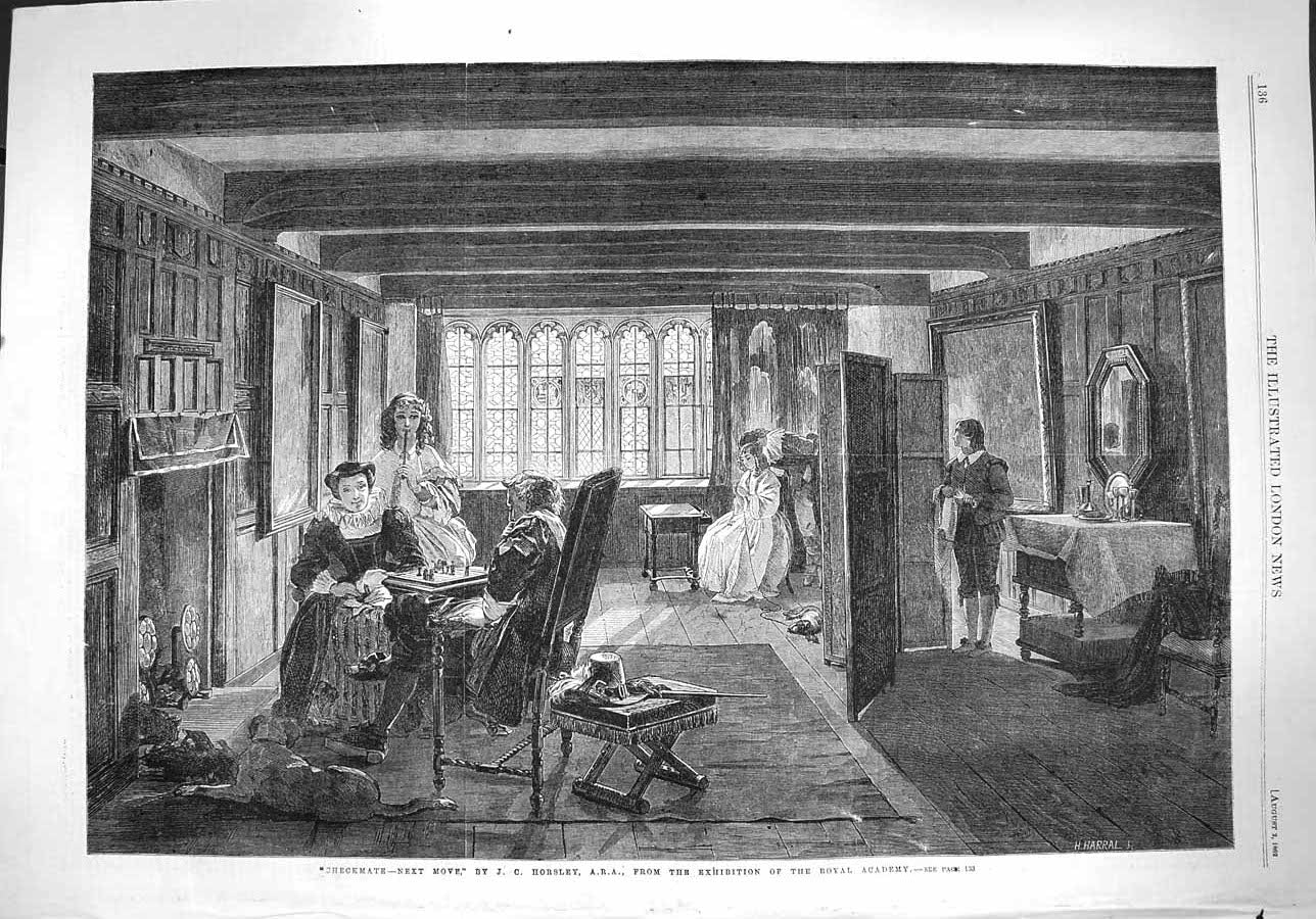 Original Old Antique Print 1862 Checkmate Chess Board Game Horsley Fine Art