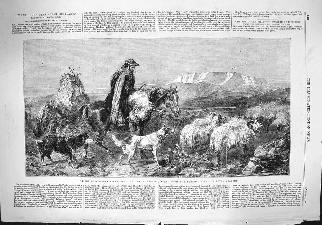 Original Old Antique Print 1862 Tired Sheep Glen Spean Scotland Shepherd Man