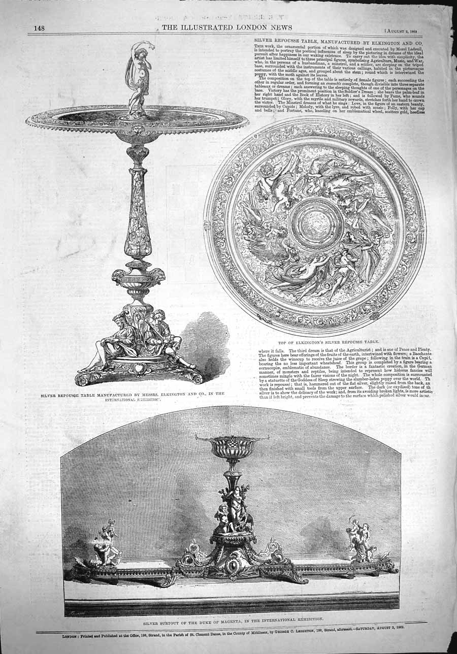 Original Old Antique Print 1862 Silver Repousse Table Elkington Surtout Magenta