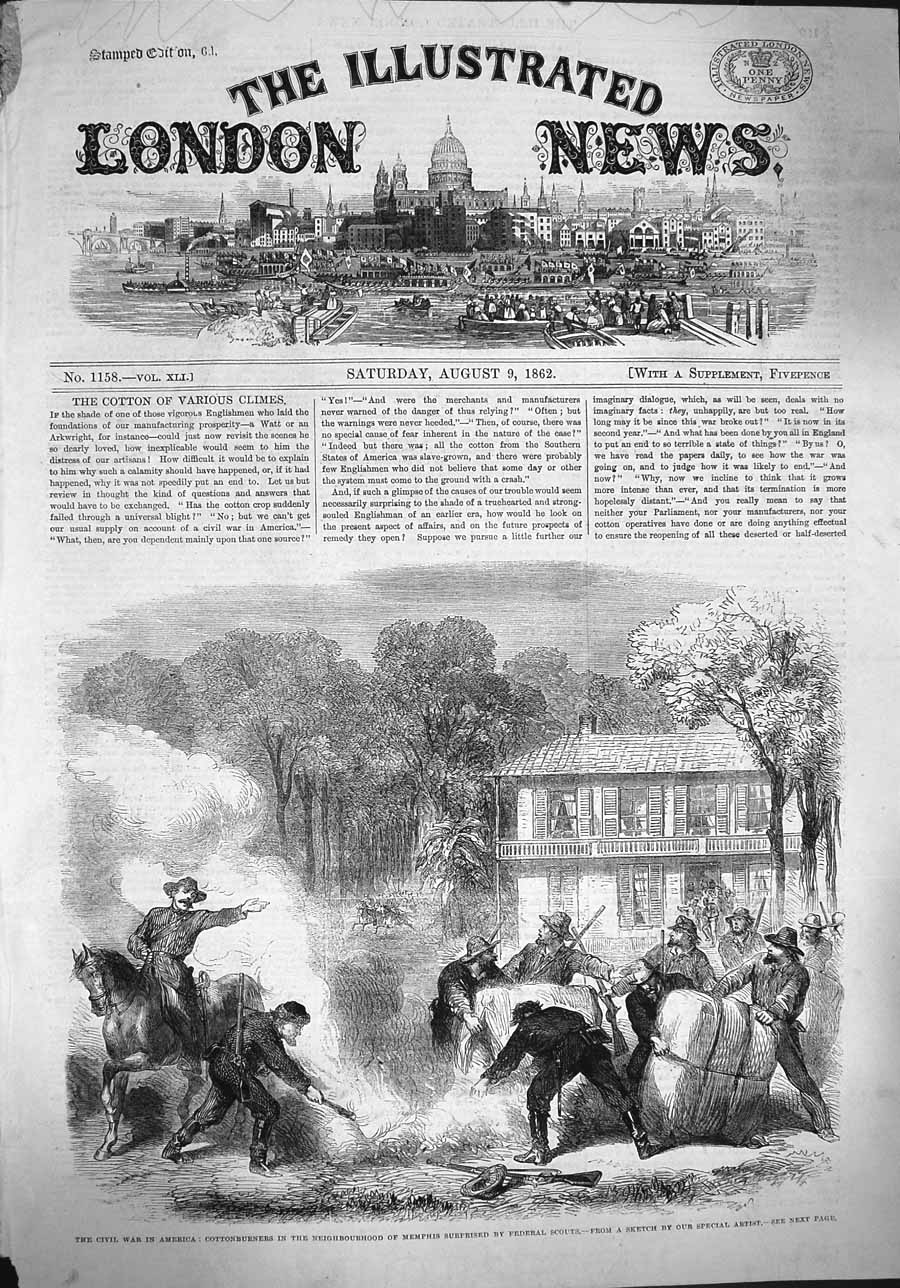 Original Old Antique Print 1862 War America Cottonburners Memphis Federal Scout
