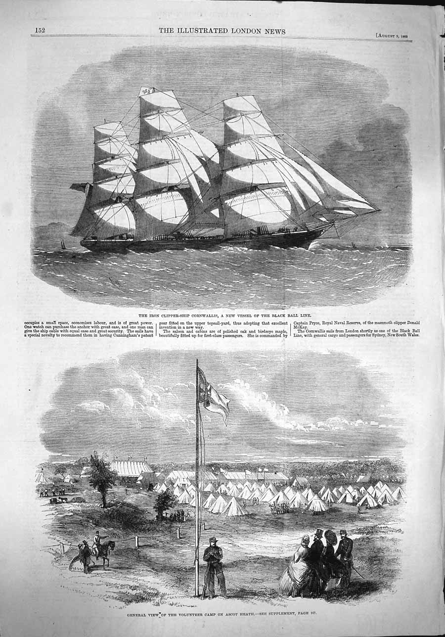 Old Antique Print 1862 Iron Clipper Ship Cornwallis Volunteer Camp Ascot 19th
