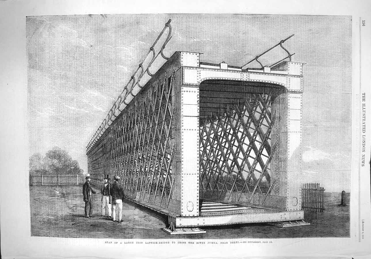 Old Antique Print 1862 Large Iron Lattice-Bridge River Jumna Delhi India 19th