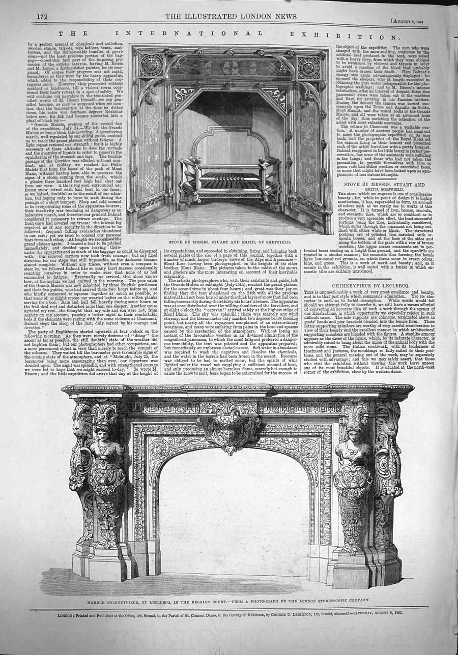 Original Old Antique Print 1862 Stove Stuart Sheffield Marble Chimney L 19th