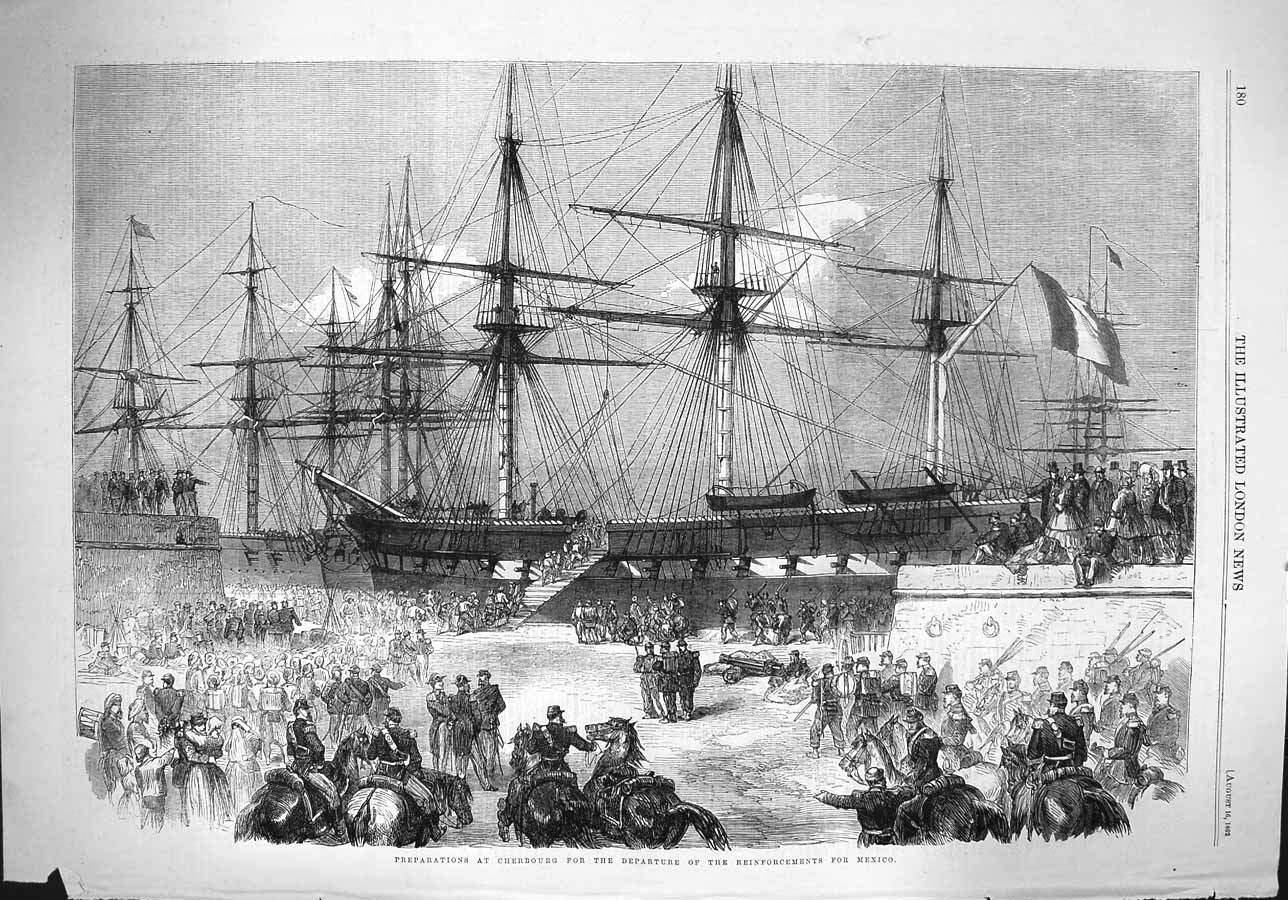 Original Old Antique Print 1862 Cherbourg Ships Departure Reinforcements Mexico