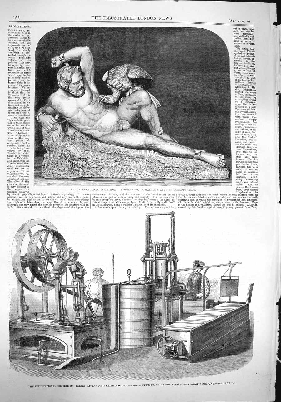 Original Old Antique Print 1862 Siebe'S Ice-Making Machine Prometheus Statue