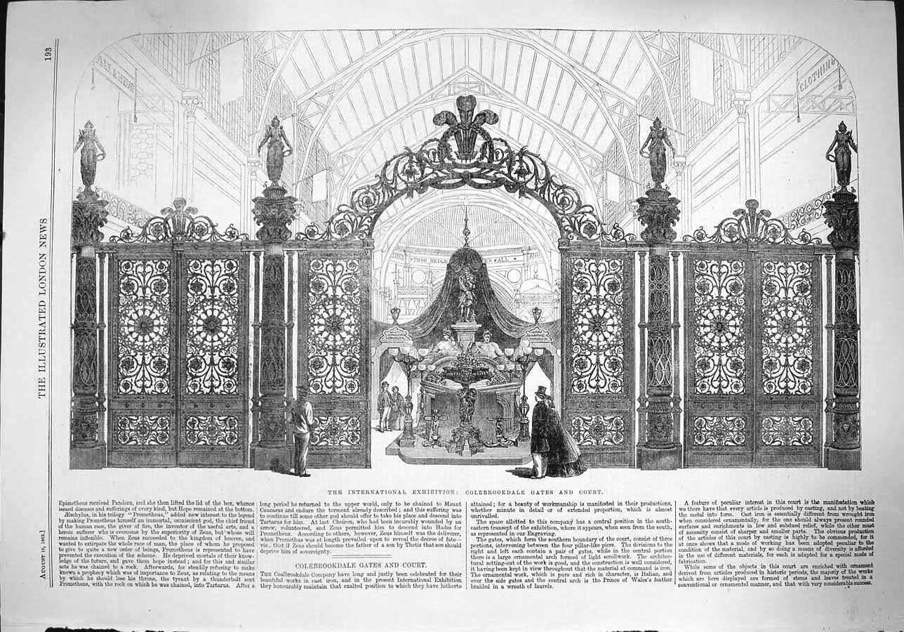Original Old Antique Print 1862 International Exhibition Colebrookdal Victorian