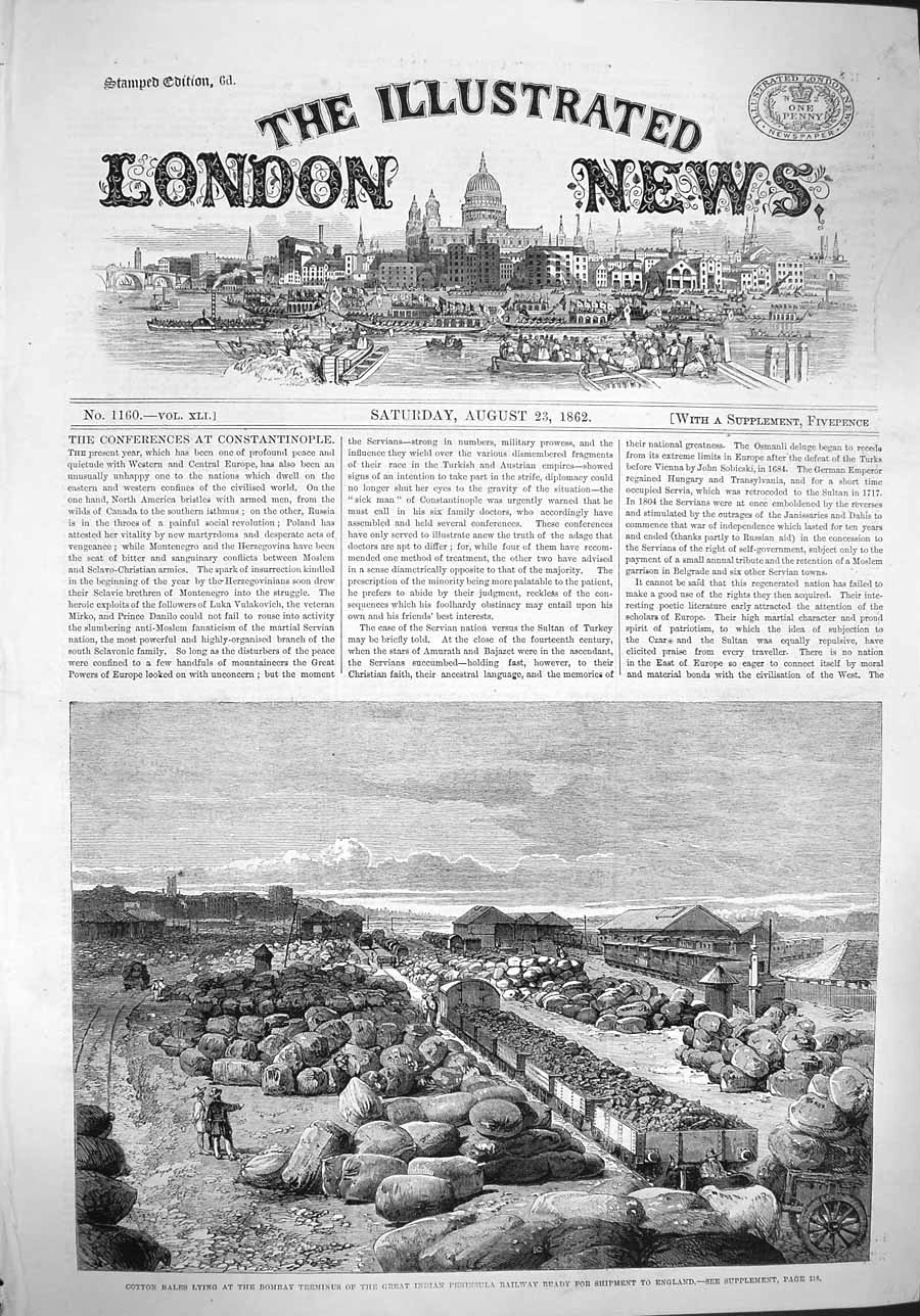Old Antique Print 1862 Cotton Bales Bombay Terminus Indian Railway Train 19th