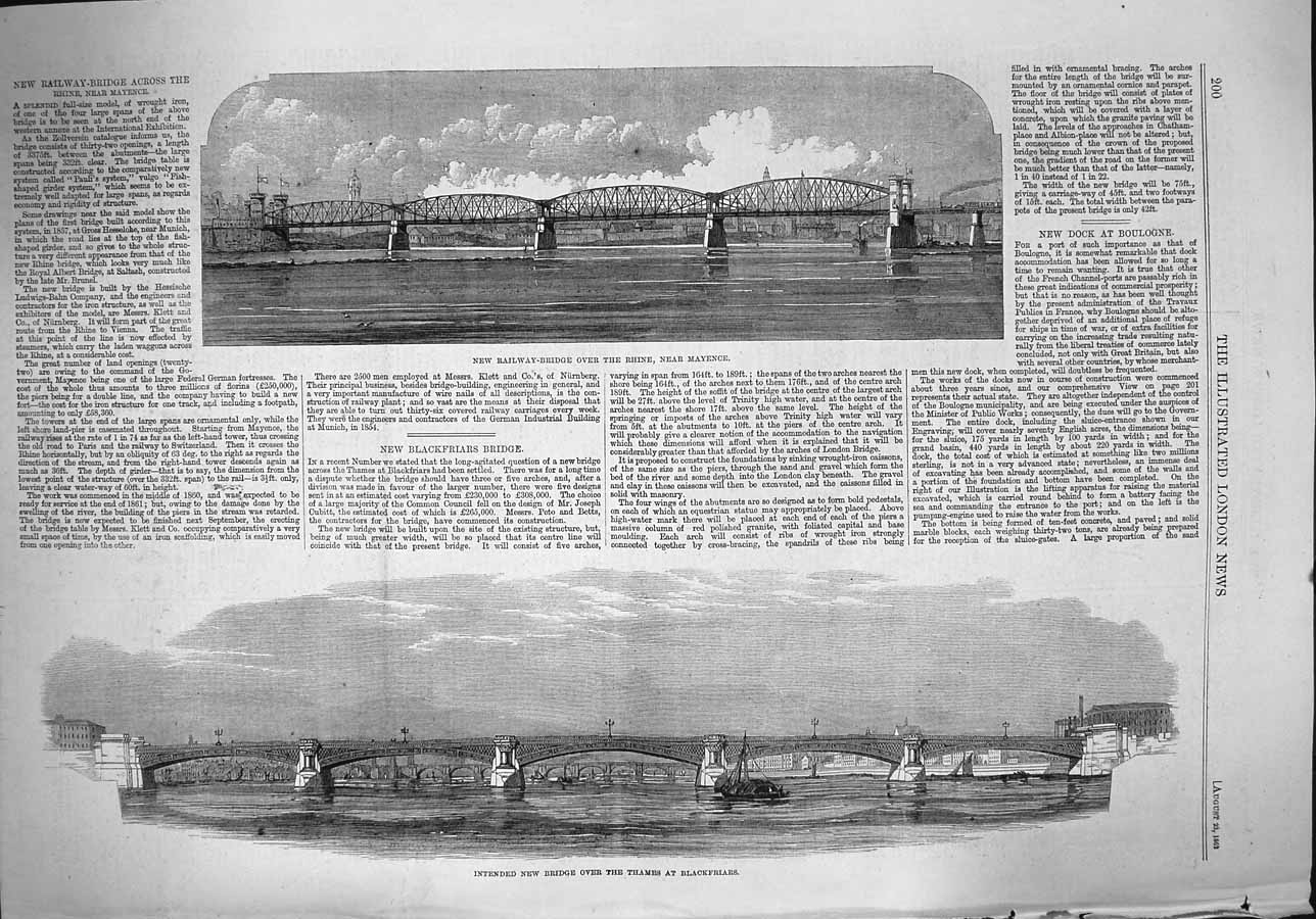 Original Old Antique Print 1862 Railway Bridge Rhine Mayence Thames Blackfriars