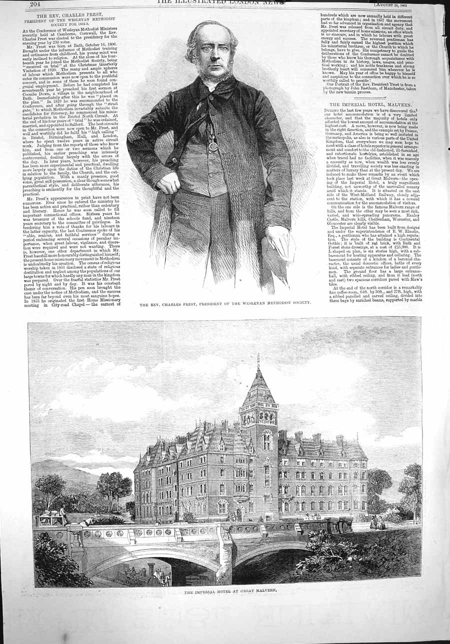 Original Old Antique Print 1862 Charles Prest Wesleyan Methodist Hotel Malvern