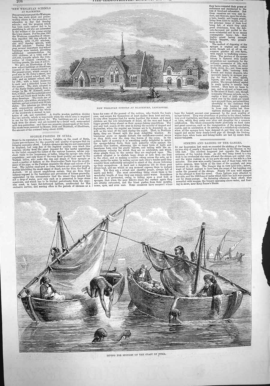 Original Old Antique Print 1862 Wesleyan School Blackburn Diving Sponge 19th