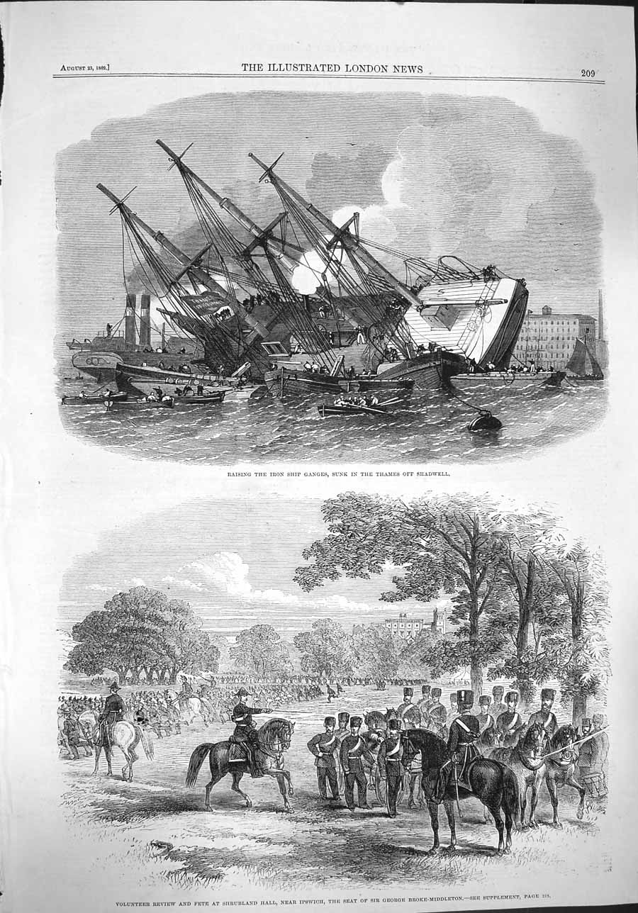 Original Old Antique Print 1862 Iron Ship Ganges Thames Shadwell Shrubland Hill