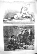 Original Old Antique Print 1862 Ino Bacchus Marble Group Fisherman Hut 19th