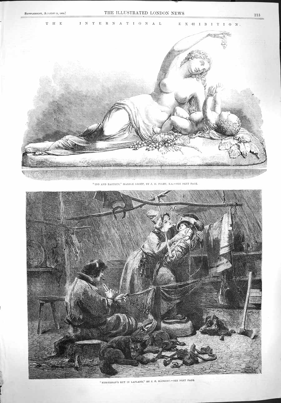 Original Old Antique Print 1862 Ino Bacchus Marble Group Fisherman Hut 19th
