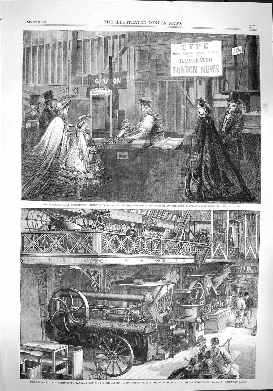 Original Old Antique Print 1862 Besley Type Casting Machine Ransome Agriculture