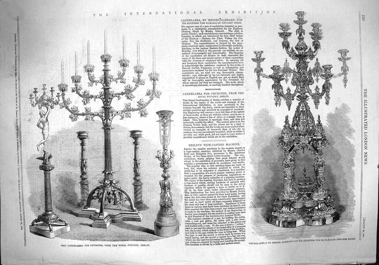 Original Old Antique Print 1862 Iron Candelabrum Garrard Dhuleep Church 19th