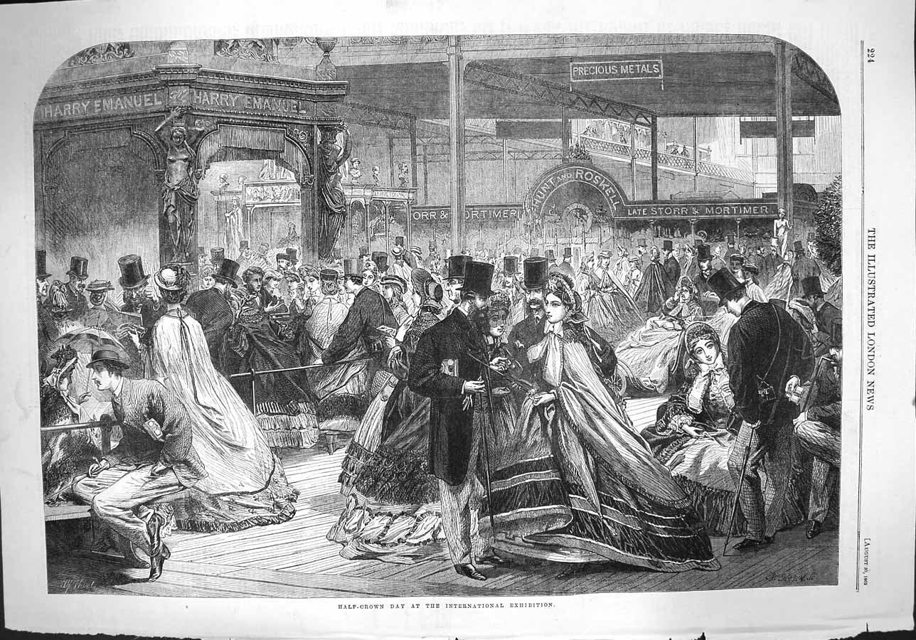 Original Old Antique Print 1862 Half Crown Day International Exhibition People