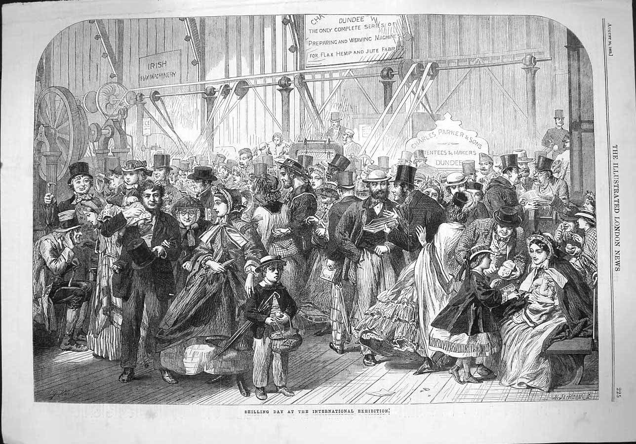 Original Old Antique Print 1862 Shilling Day International Exhibition Parker