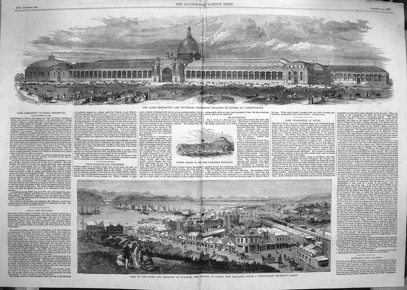 Original Old Antique Print 1862 Paris Winter Gardens Harbour Dunedin Otago