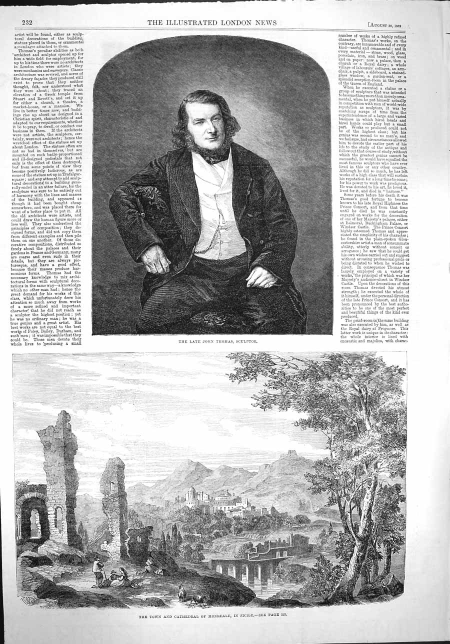 Original Old Antique Print 1862 John Thomas Sculptor Cathedral Monreale Sicily