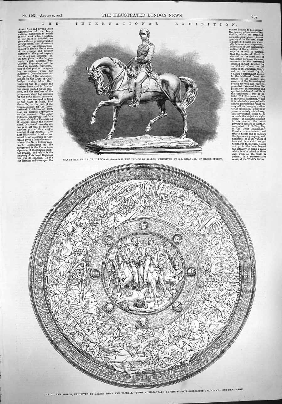 Old Antique Print 1862 Silver Statuette Prince Wales Outram Shield Hunt 19th