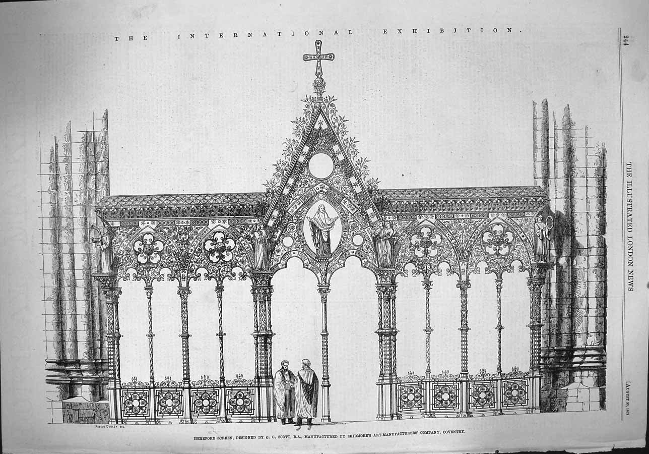 Original Old Antique Print 1862 Hereford Screen Scott International Exhibition