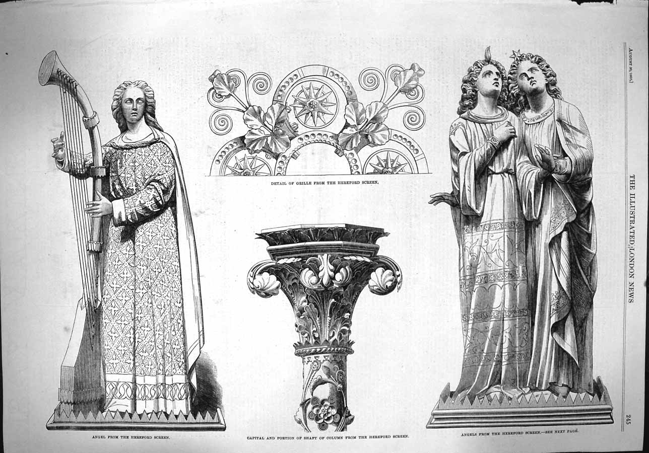 Old Antique Print 1862 Angel Hereford Screen Grille Capital Shaft Column 19th