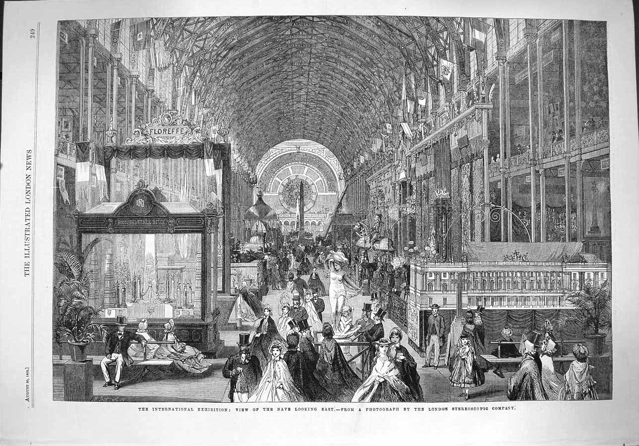 Original Old Antique Print 1862 International Exhibition Nave 19th