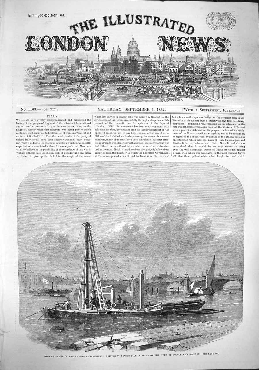 Original Old Antique Print 1862 Thames Embankment Duke Buccleuch Mansion 19th