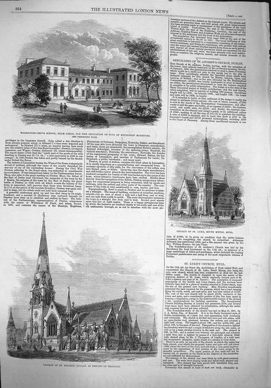 Original Old Antique Print 1862 Church Andrew Dublin Woodhouse-Grove Leeds 19th
