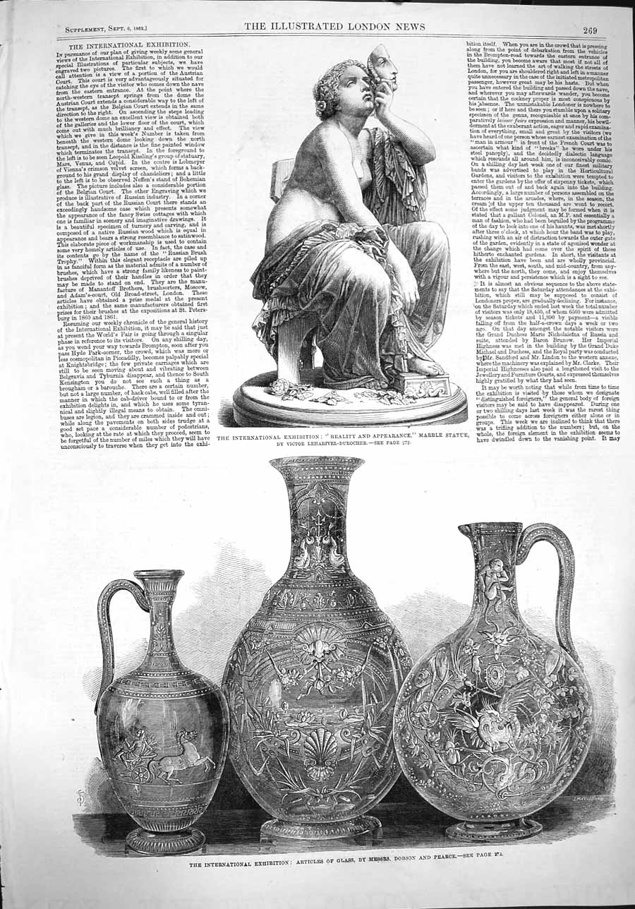 Original Old Antique Print 1862 International Exhibition Glass Marble Statue
