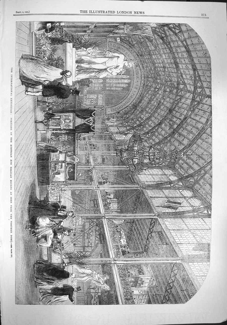 Original Old Antique Print 1862 International Exhibition Austrian Belgian Court
