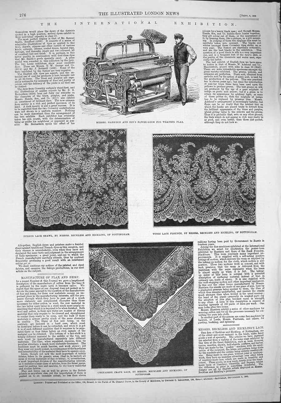 Old Antique Print 1862 Harrison Power-Loom Lace Shawl Flounce Grenadine 19th