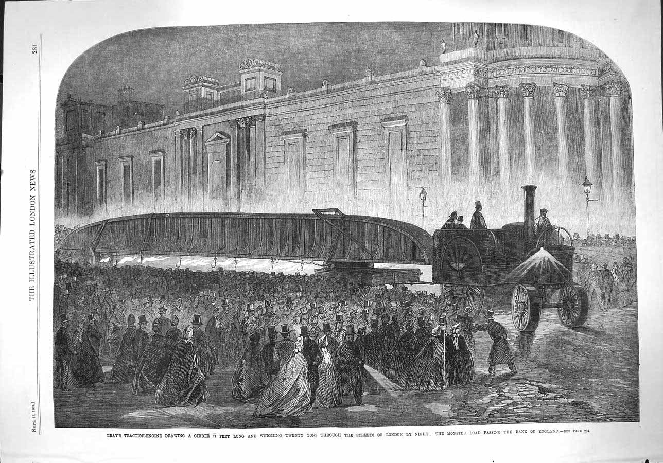 Original Old Antique Print 1862 Bray Traction Engine Girder London Bank 19th