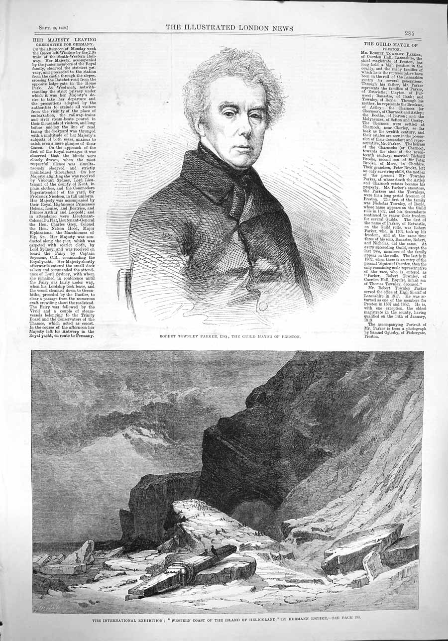Original Old Antique Print 1862 Robert Townley Parker Mayor Preston Heligoland