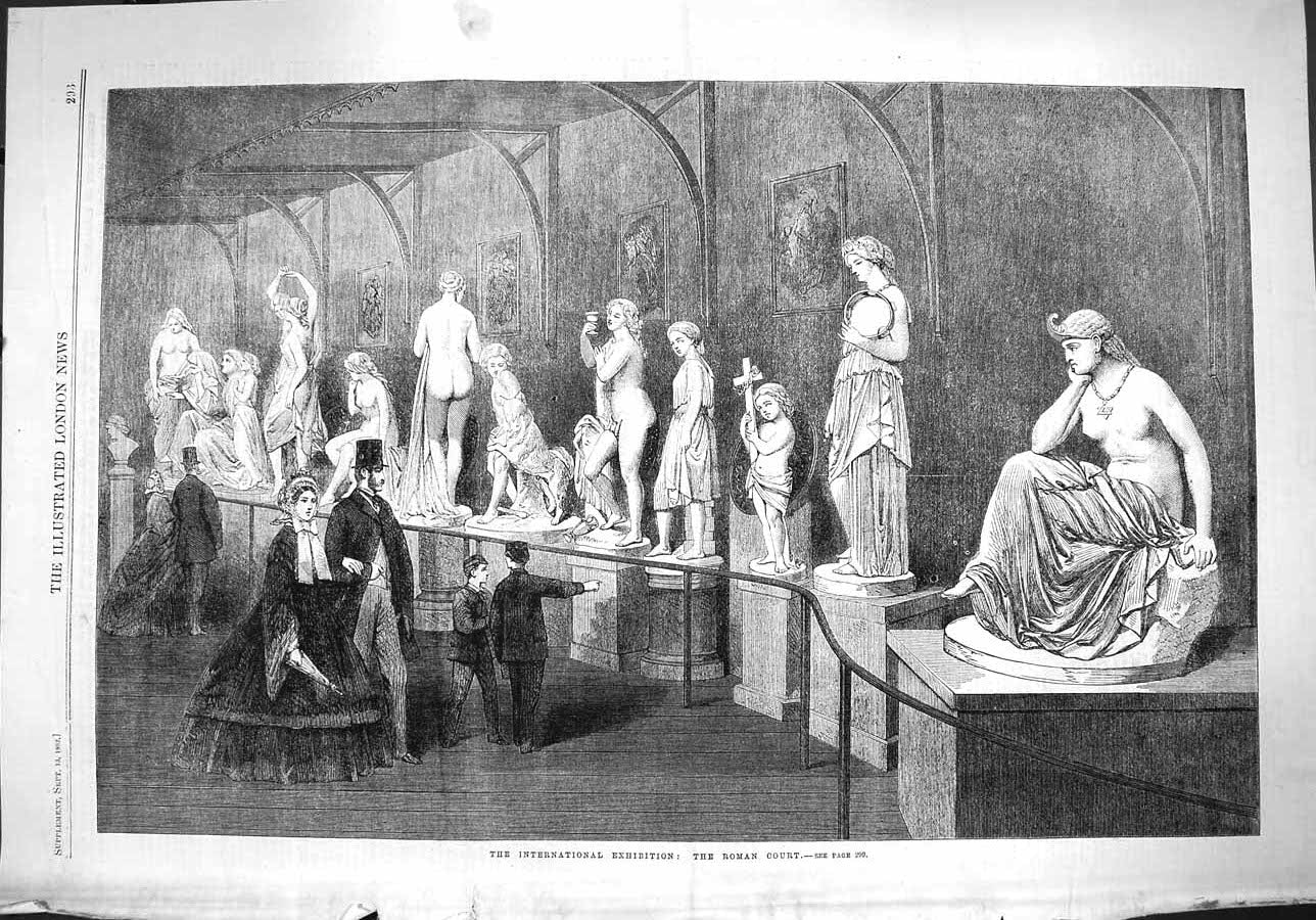 Old Antique Print *3821 1862 International Exhibition Roman Court Statues