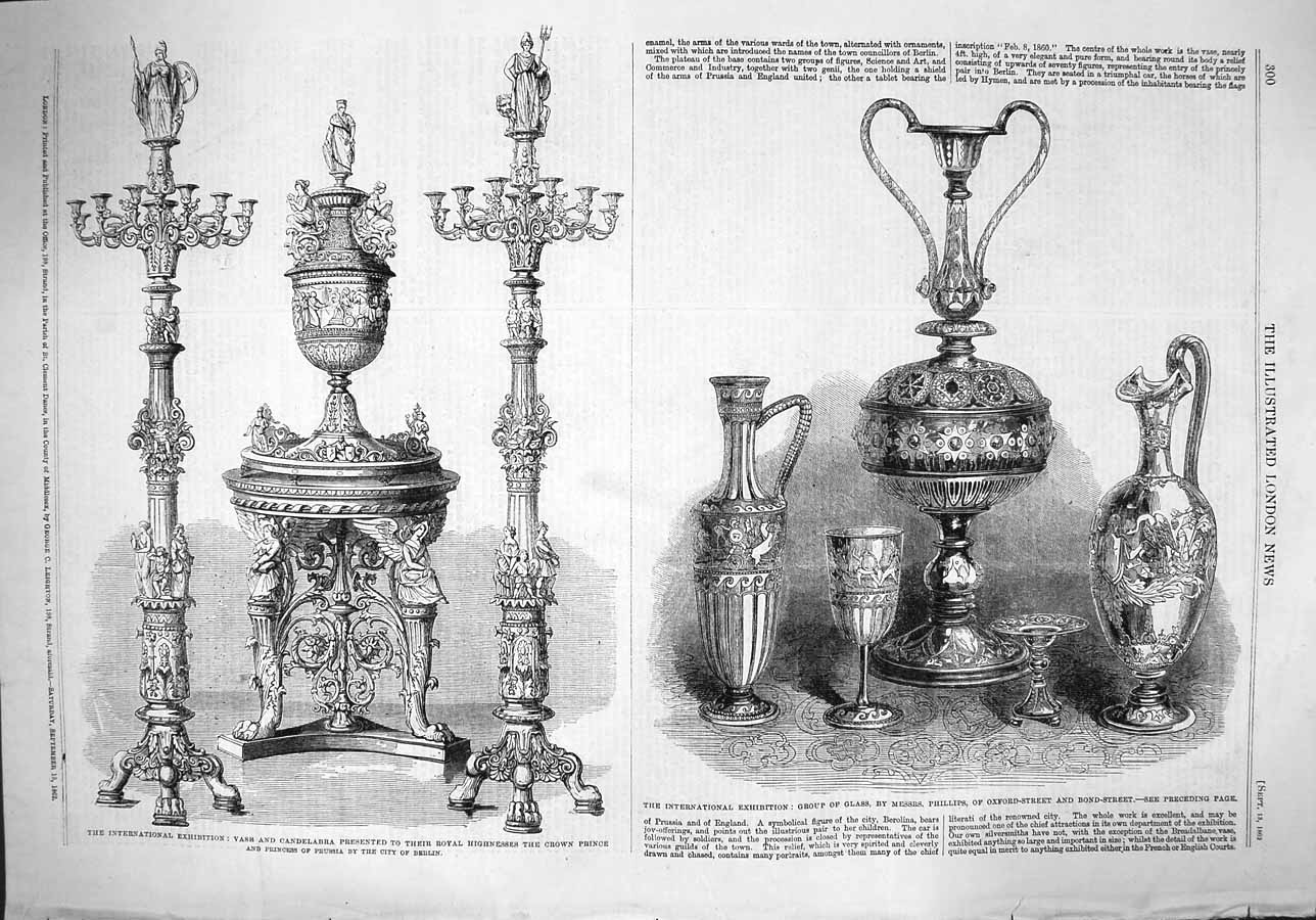 Original Old Antique Print 1862 Vase Candelabra Prince Prussia Glass Phillips