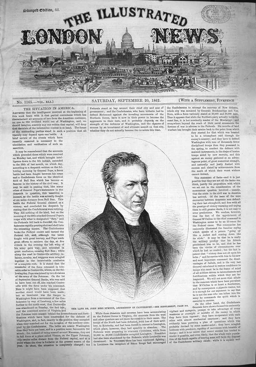 Original Old Antique Print 1862 Dr. John Bird Sumner Archbishop Can Victorian
