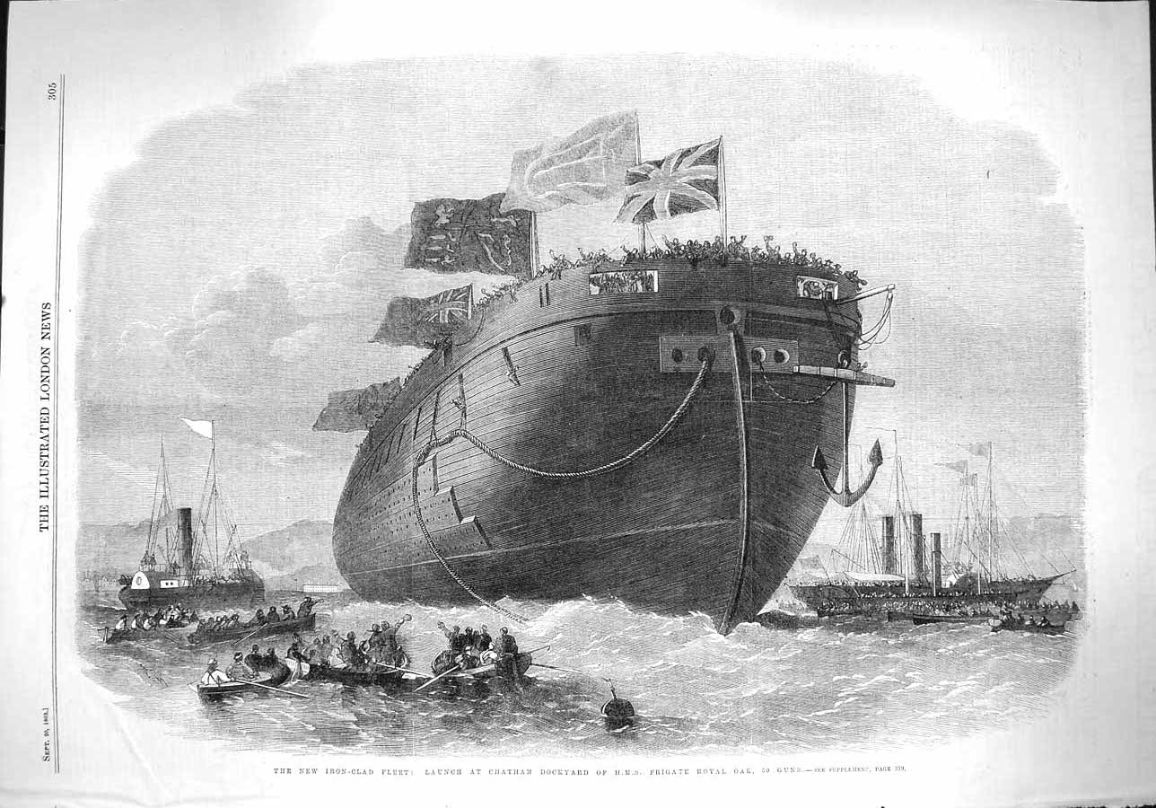 Old Antique Print 1862 Iron Clad Ship Chatham Dockyard Frigate Royal Oak 19th