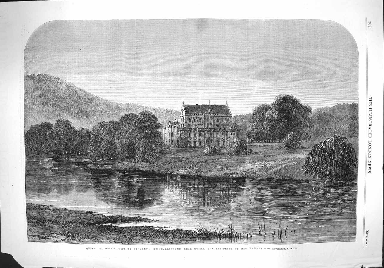 Original Old Antique Print 1862 Queen Victoria Germany Reinhardsbrunn Gotha