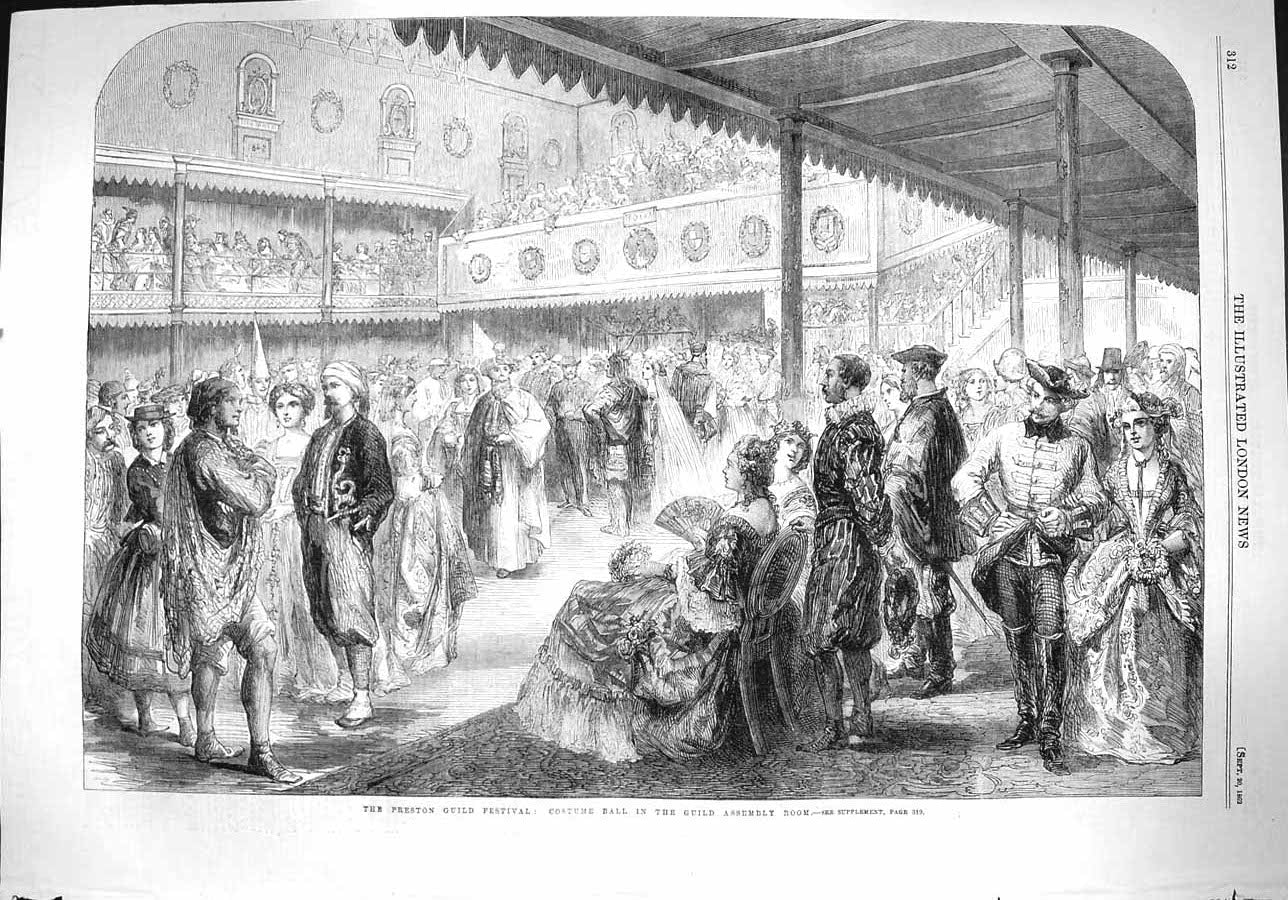 Old Antique Print 1862 Preston Guild Festival Costume Ball Assembly Room 19th
