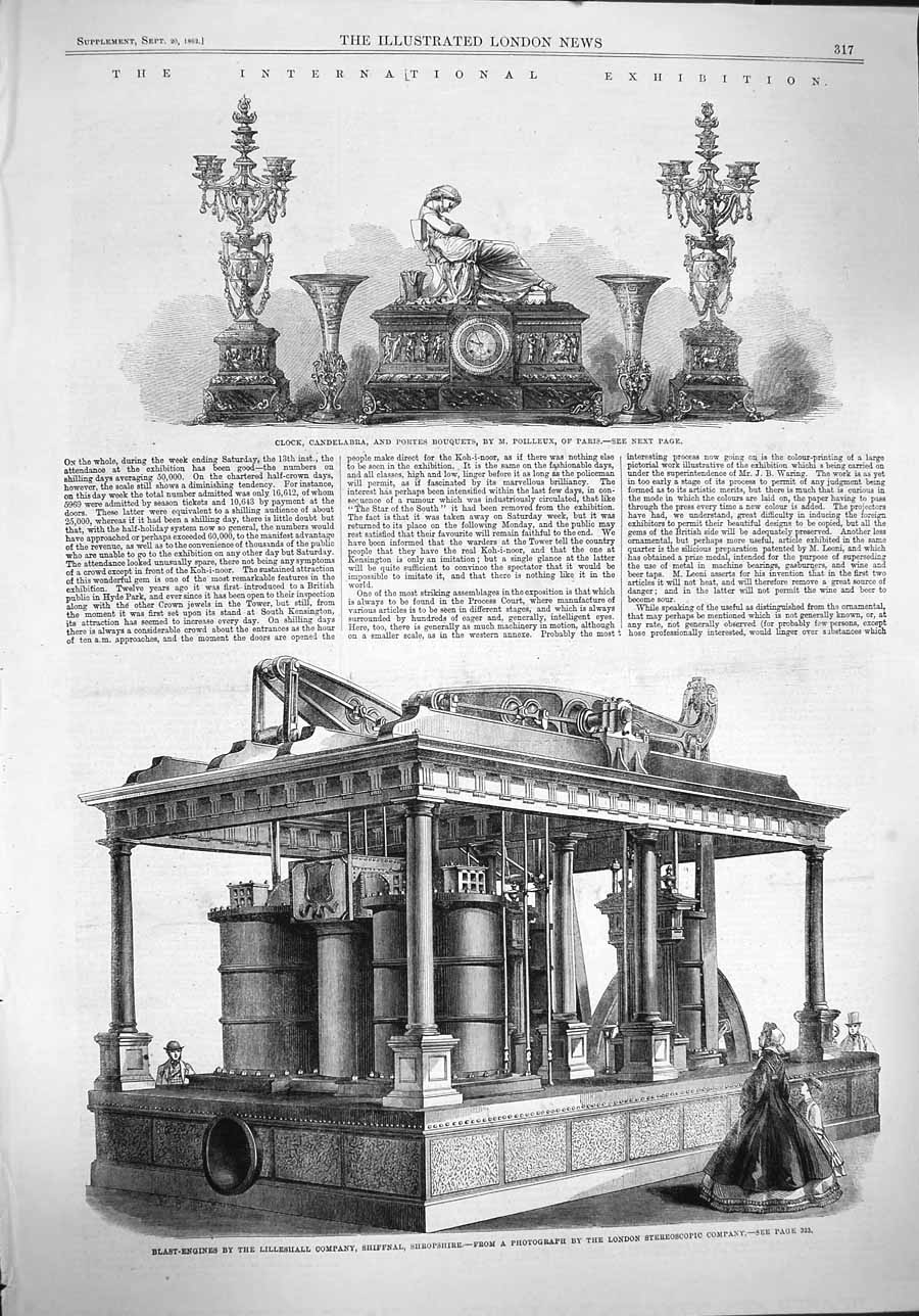 Old Antique Print 1862 Clock Candelabra Blast-Engines Lilleshall Shiffnal 19th