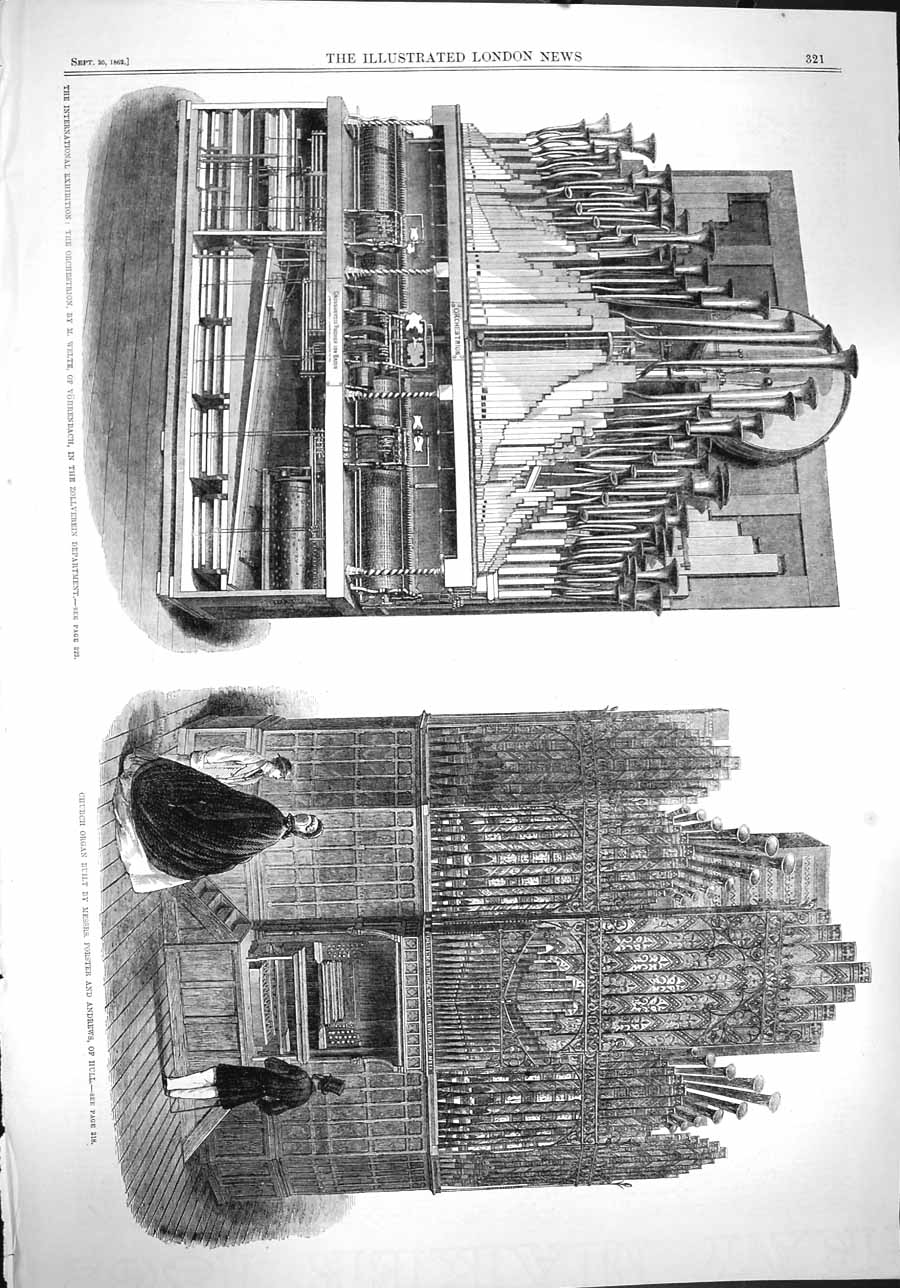 Original Old Antique Print 1862 Church Organ Andrews Hull Orchestrion Zol 19th