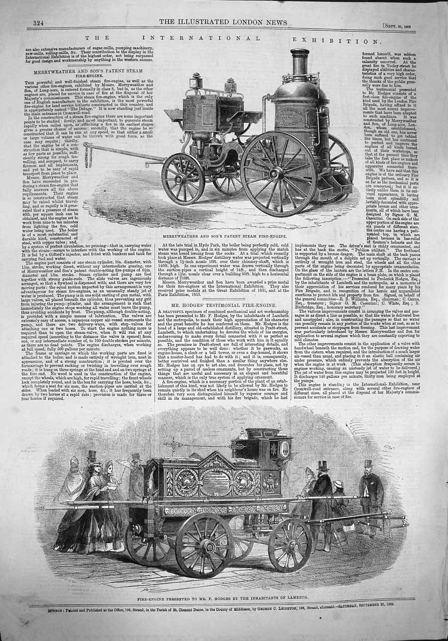 Old Antique Print 1862 Merryweather Fire-Engine Lambeth Hodges Exhibition 19th