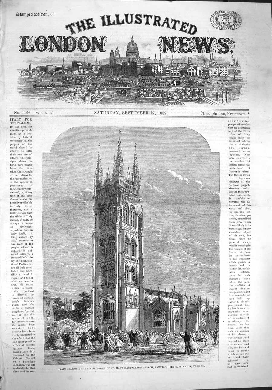 Original Old Antique Print 1862 New Tower Mary Magdalene Church Taunton 19th