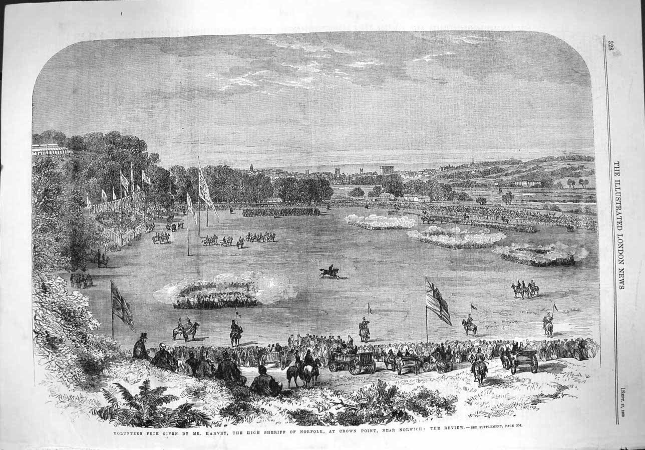 Original Old Antique Print 1862 Fete Harvey High Sherriff Norfolk Crow Victorian